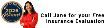 A smiling woman in a red top promotes a free insurance evaluation, highlighted by a 'Best of the Best' award badge for 2026.