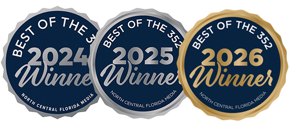Three award medallions labeled 'Best of the 352', recognizing winners for the years 2024, 2025, and 2026 in North Central Florida.